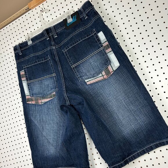 Wckd y2K Baggy Jean Shorts Size 42 Wide Leg Embroidered Blue Jorts 16" Inseam - Picture 3 of 6